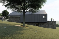 Construction d'une habitation contemporaine - façade - bardage bois ajouré et moellon