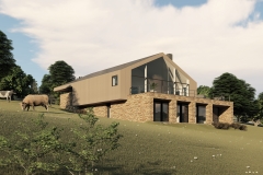 Construction d'une habitation contemporaine - façade - bardage bois ajouré et moellon