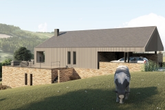 Construction d'une habitation contemporaine - façade - bardage bois ajouré et moellon