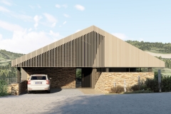 Construction d'une habitation contemporaine - façade - bardage bois ajouré et moellon