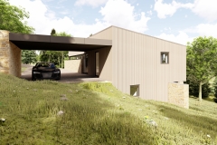 Construction d'une habitation contemporaine - façade - bardage bois ajouré et moellon