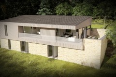 Construction d'une habitation contemporaine - façade - bardage bois ajouré et moellon