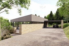 Construction d'une habitation contemporaine - façade - bardage bois ajouré et moellon