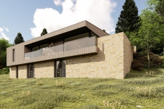 Construction d'une habitation contemporaine - façade - bardage bois ajouré et moellon
