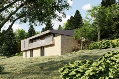 Construction d'une habitation contemporaine - façade - bardage bois ajouré et moellon
