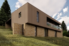 Construction d'une habitation contemporaine - façade - bardage bois ajouré et moellon