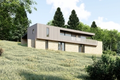 Construction d'une habitation contemporaine - façade - bardage bois ajouré et moellon